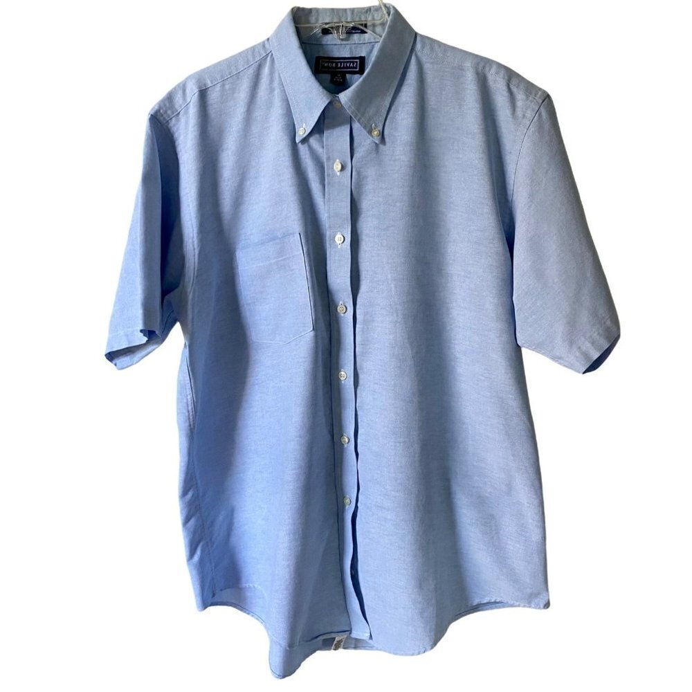 Savile Row Wrinkle Free Oxford Short Sleeve Blue Shirt Neck 17